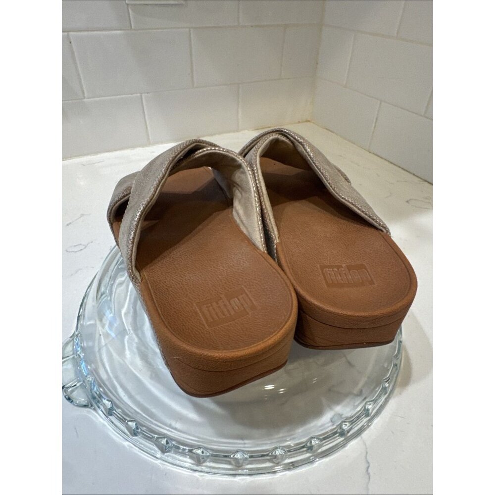FitFlop Women Lulu Cross Slide Sandals Gold Shimmer Print Shoes Size 5 - Picture 3 of 13